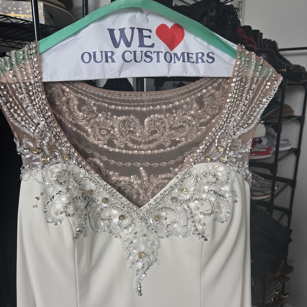 David's Bridal Cream and Silver Beaded Gown